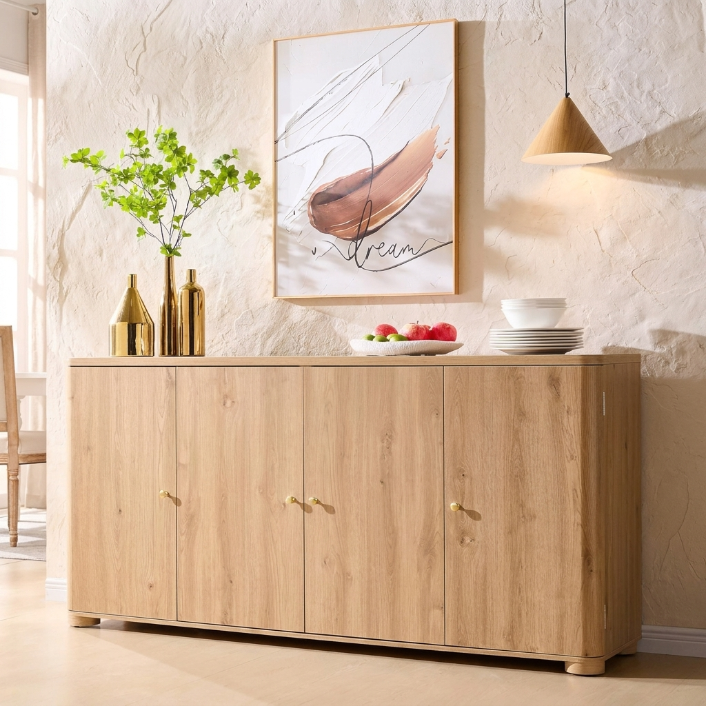 Maren Natural Oak Curved Buffet Cabinet 66 Inch Four Door Sideboard Gold Handles