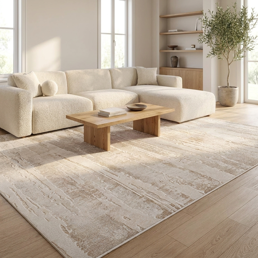 Mist Cream Beige Abstract Area Rug Soft Low Pile Minimalist Living Room Bedroom Carpet