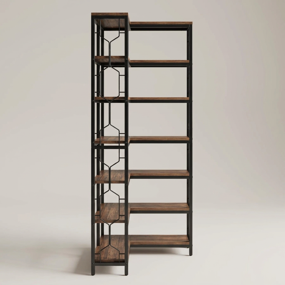 Ashby Rustic Brown Seven Tier Corner Bookshelf Black Metal Frame Industrial Display Shelf