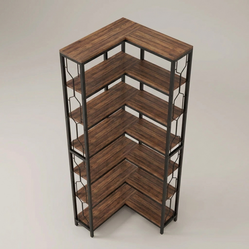 Ashby Rustic Brown Seven Tier Corner Bookshelf Black Metal Frame Industrial Display Shelf
