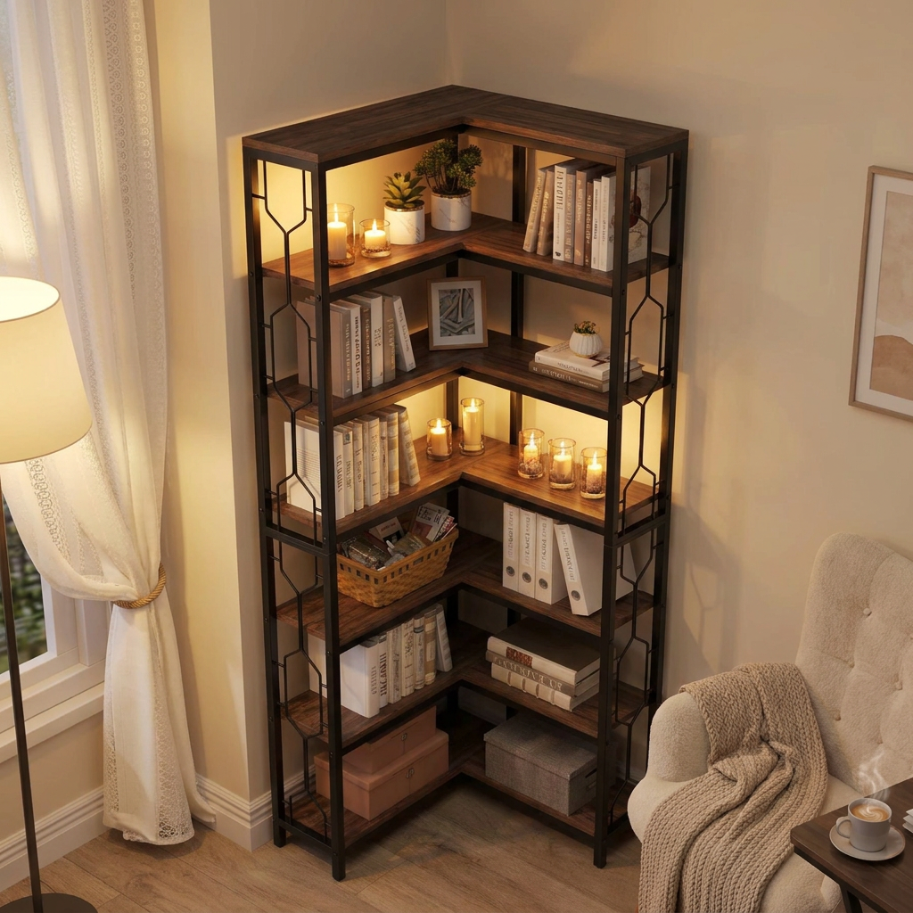Ashby corner bookshelf - lifestyle evening