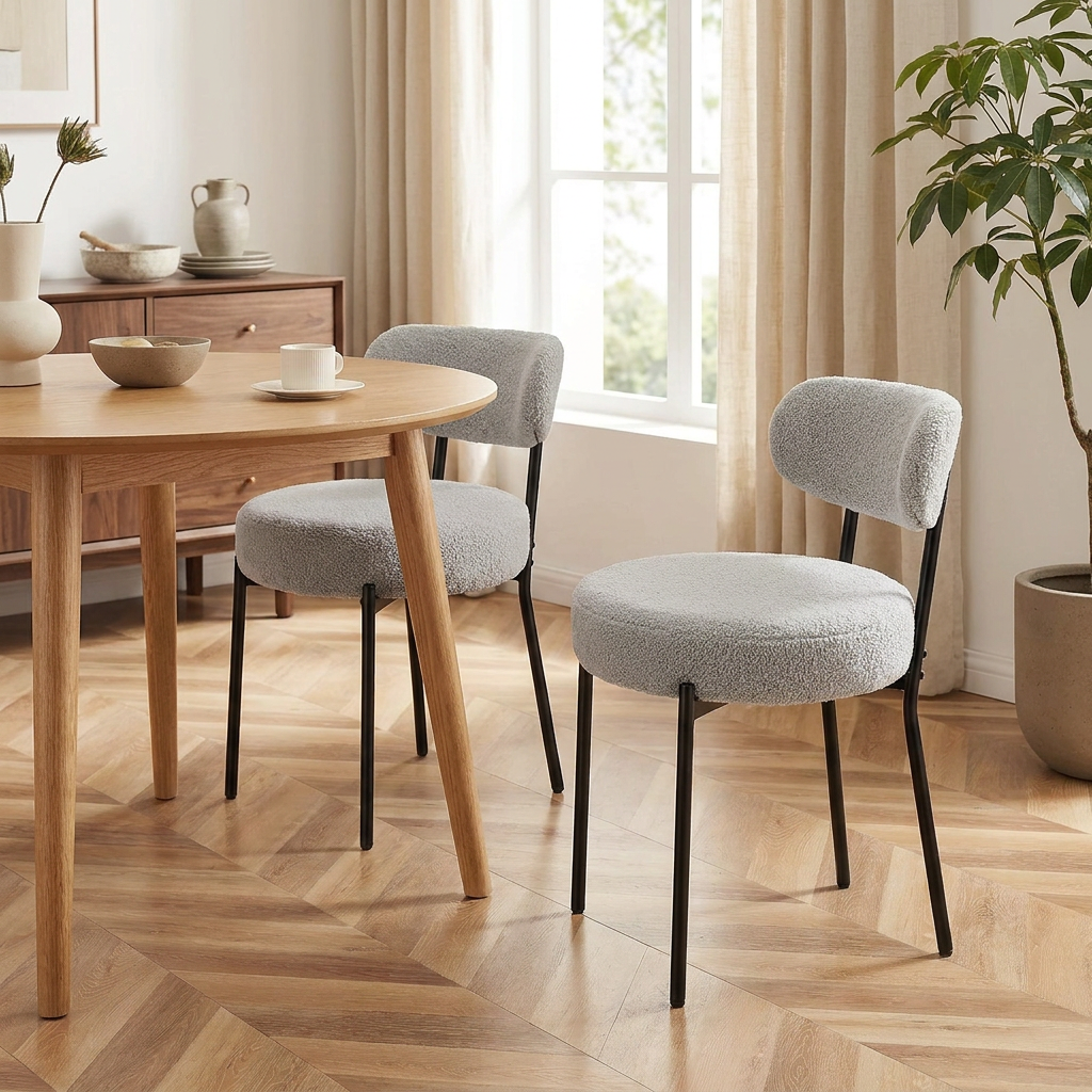 Rue Grey Boucle Round Dining Chairs Set of 2 Curved Back Black Metal Legs Upholstered Kitchen Chairs