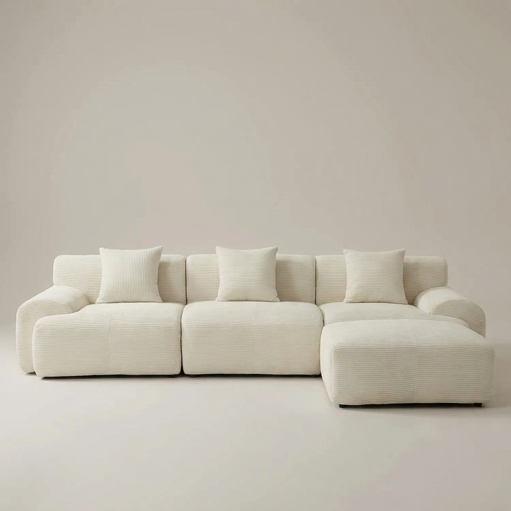 Mellow Cream Corduroy Modular Sectional Sofa 107 Inch L-Shape Deep Seat with Ottoman No Assembly