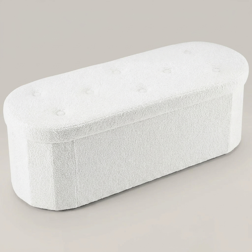 Oona White Teddy Oval Storage Ottoman Bench 43 Inch Tufted End of Bed Bench Foldable Footrest