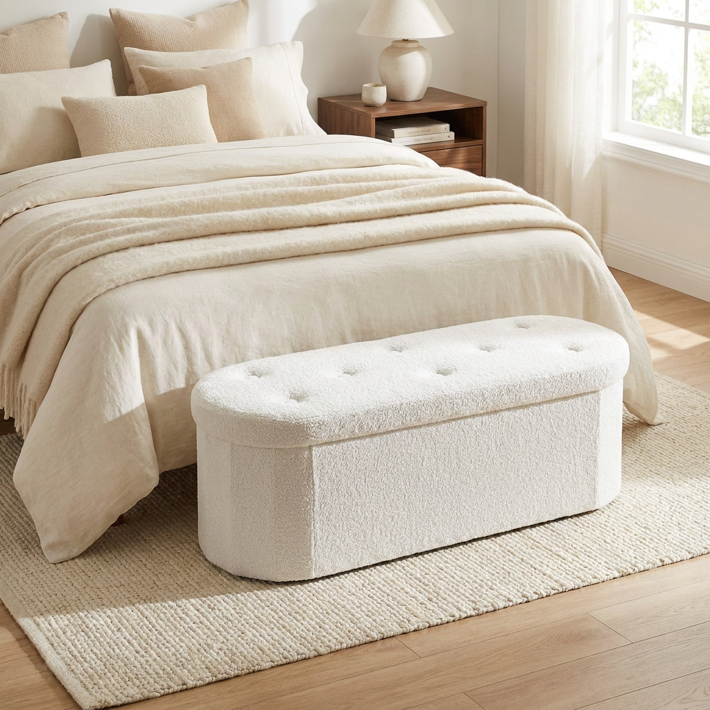 Oona White Teddy Oval Storage Ottoman Bench 43 Inch Tufted End of Bed Bench Foldable Footrest