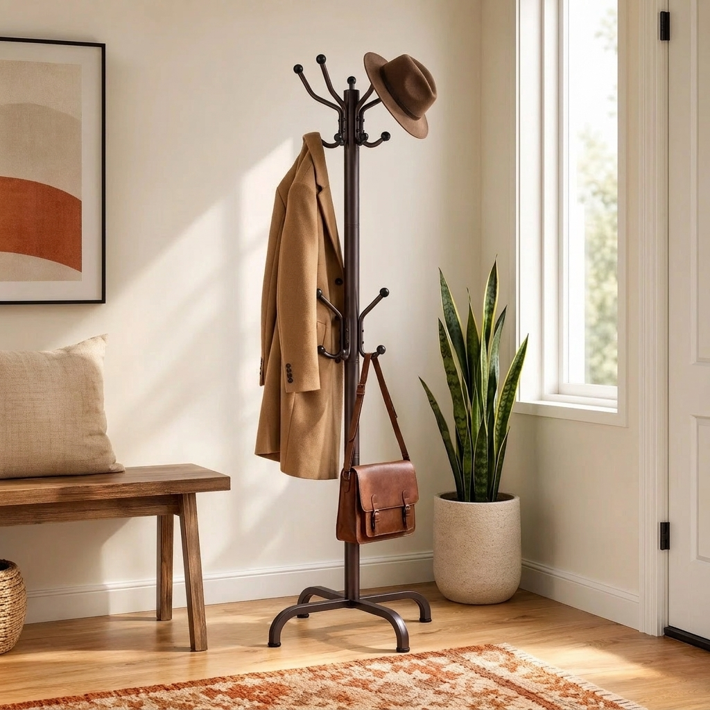 Hollis Bronze Metal Freestanding Coat Rack 14 Ball-End Hooks Adjustable Height Entryway Hall Tree