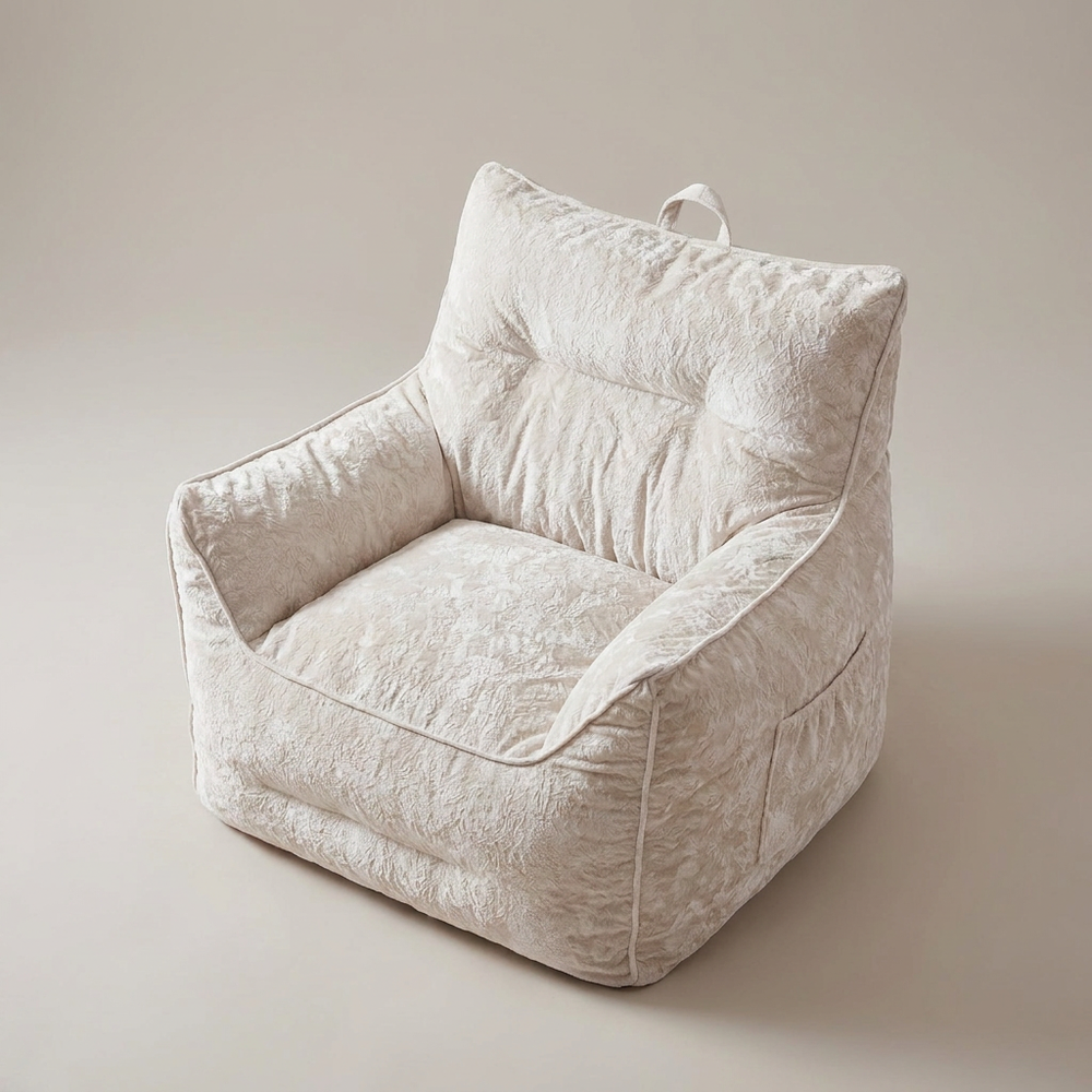 Snug Cream Chenille Bean Bag Chair High Back Armrests Shredded Foam Lounge Chair Side Pocket