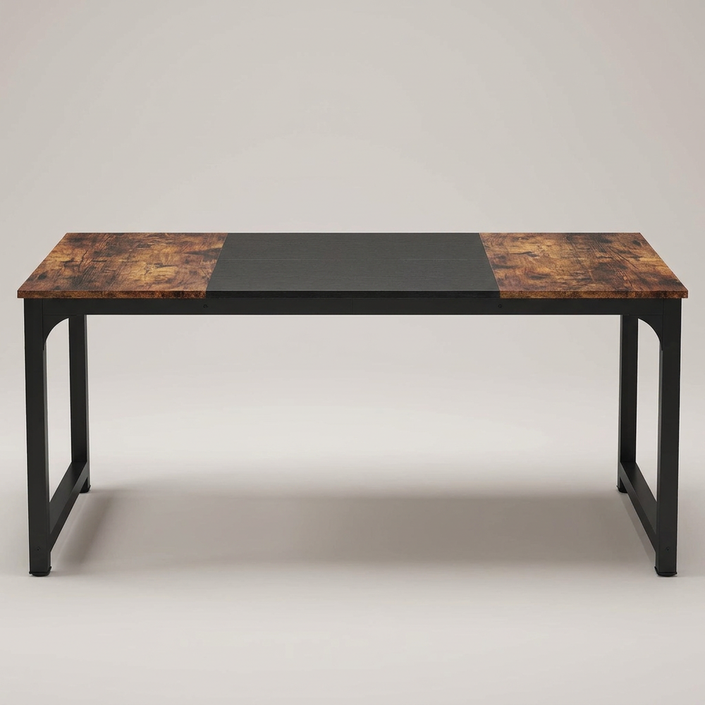 Forde Rustic Brown and Black Executive Desk 63 Inch Large Computer Desk Thick Metal Legs Home Office