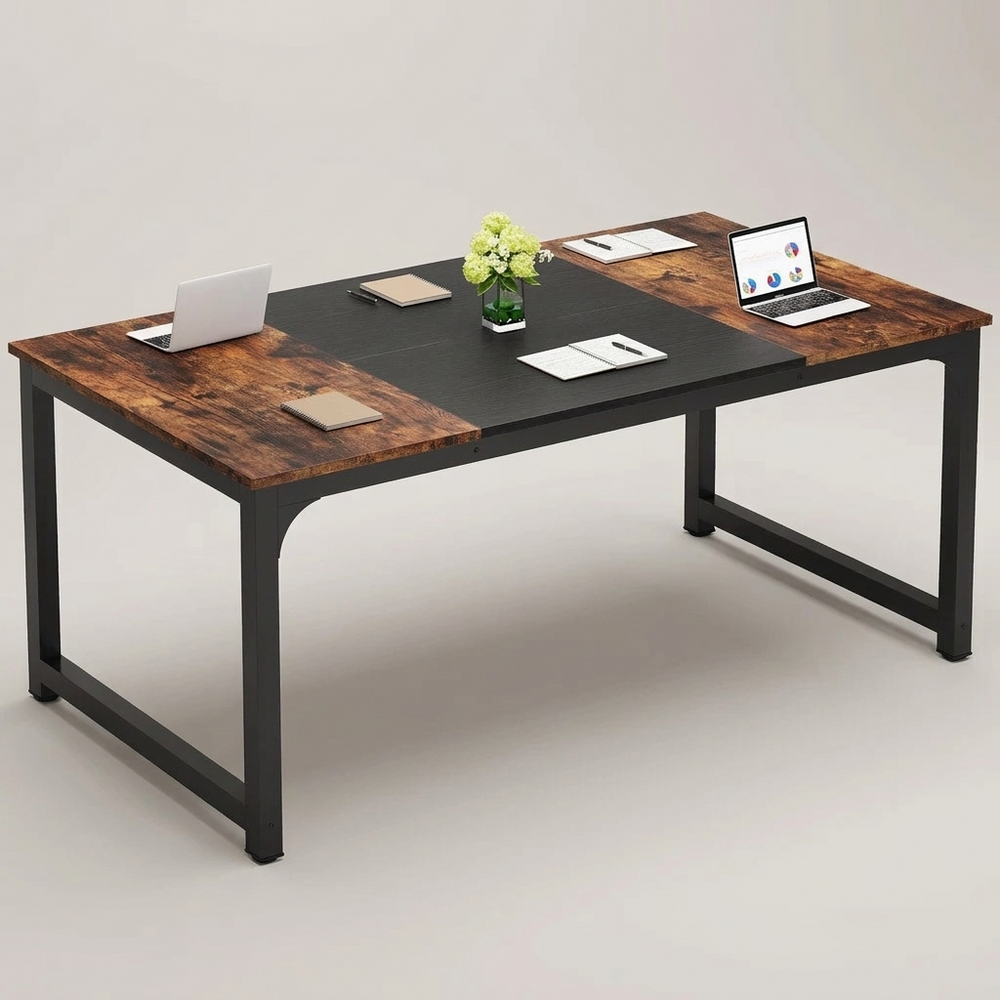 Forde Rustic Brown and Black Executive Desk 63 Inch Large Computer Desk Thick Metal Legs Home Office