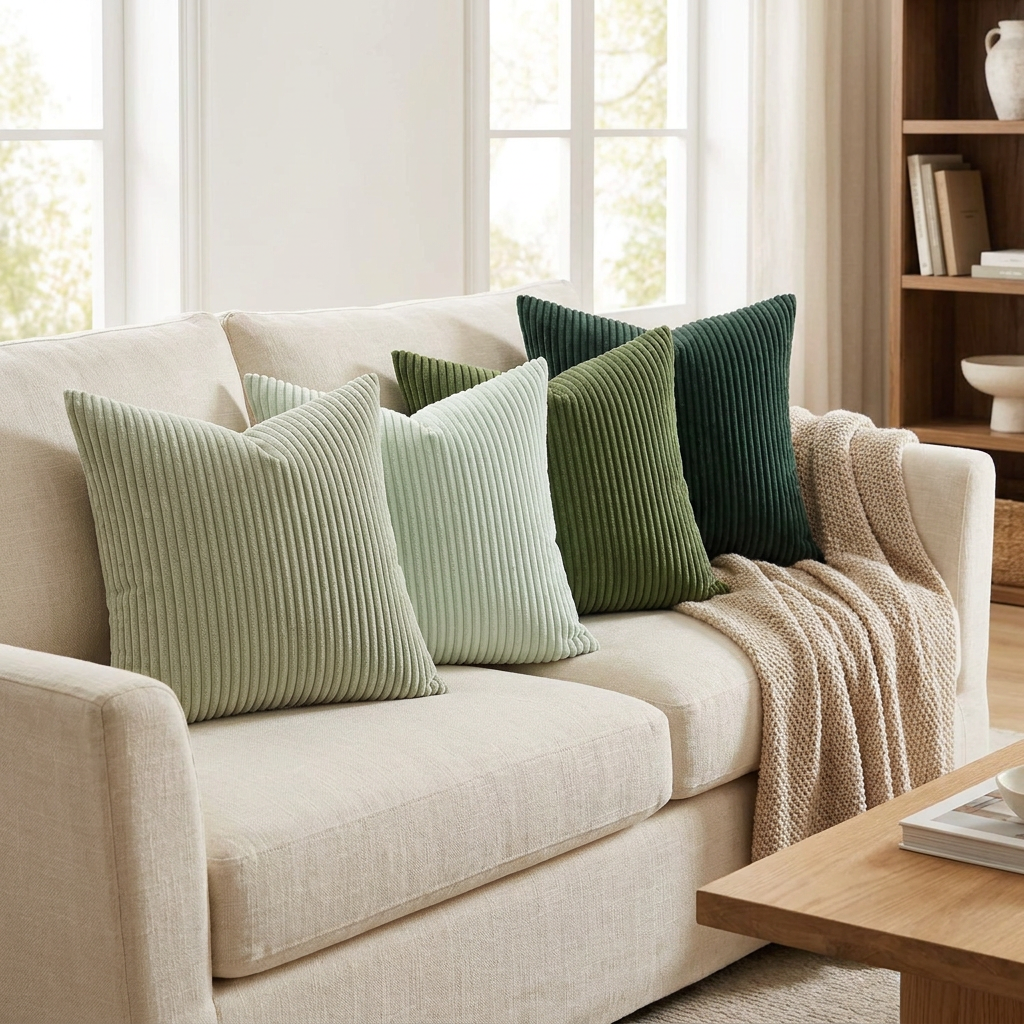 Moss Green Corduroy Pillow Covers Set of 4 Striped Soft Throw Pillow Cases Sofa Bedroom Decor