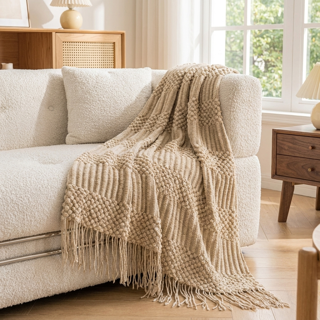 Brae Khaki Chunky Knit Throw Blanket with Tassels Textured Popcorn Weave Soft Sofa Bed Throw