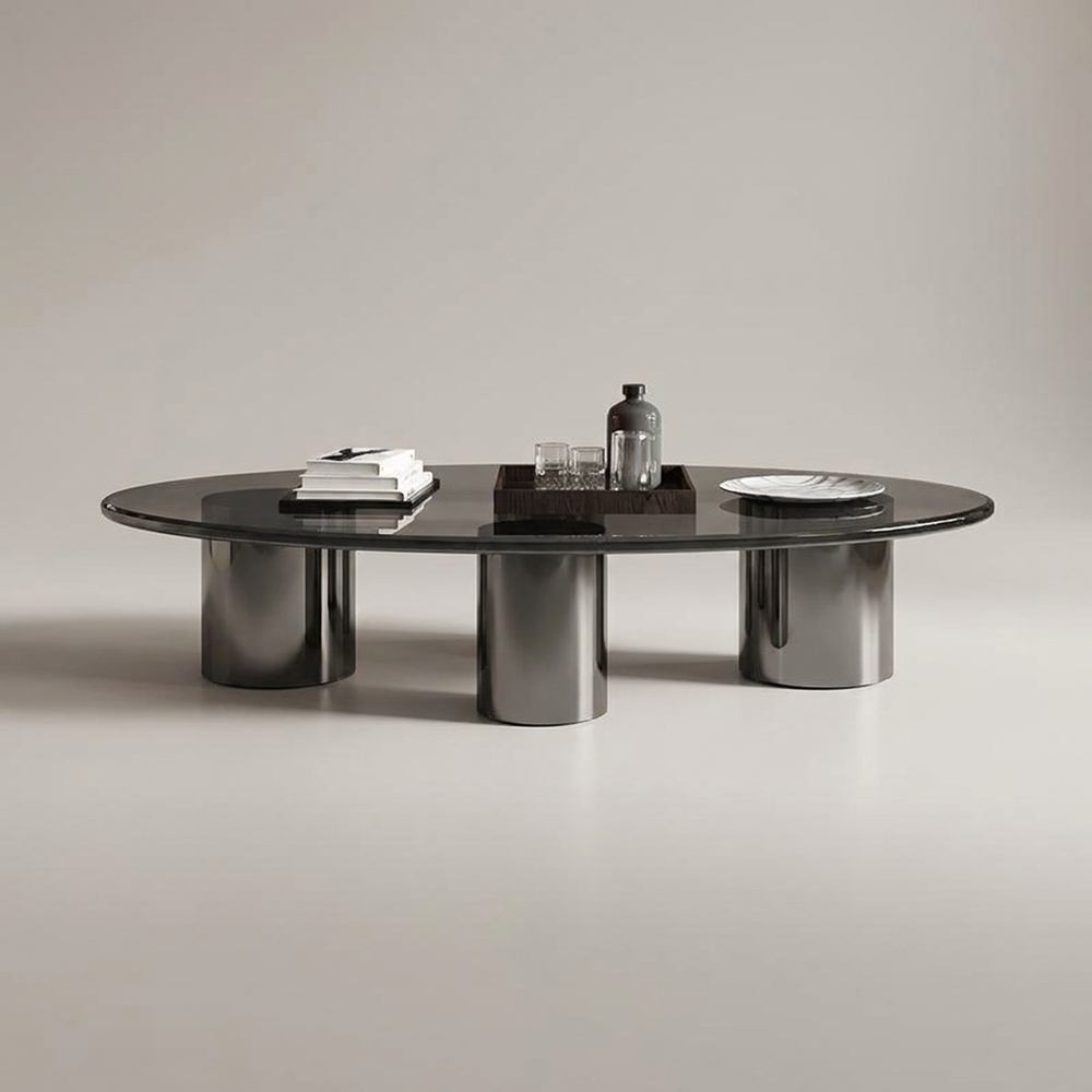 Onyx Smoked Glass Oval Coffee Table Polished Metal Drum Legs Modern Luxury Living Room Table